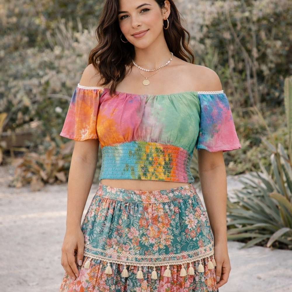Colorful Tie-Dye Off Shoulder Crop Top Smocked Boho Festival Y2K Summer Blouse